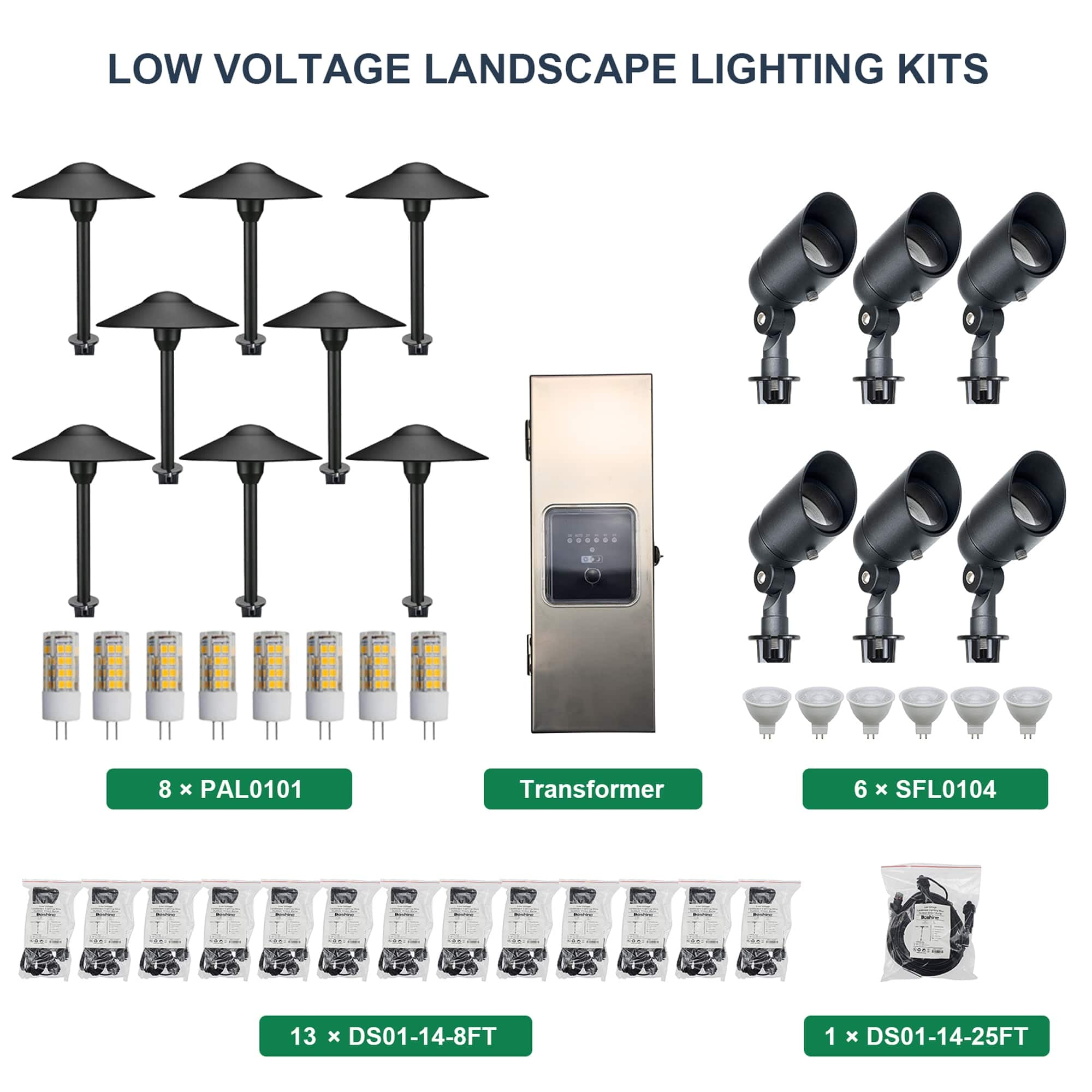 6 Spotlights, 8 Path Lights, 1 Transformer Kit
