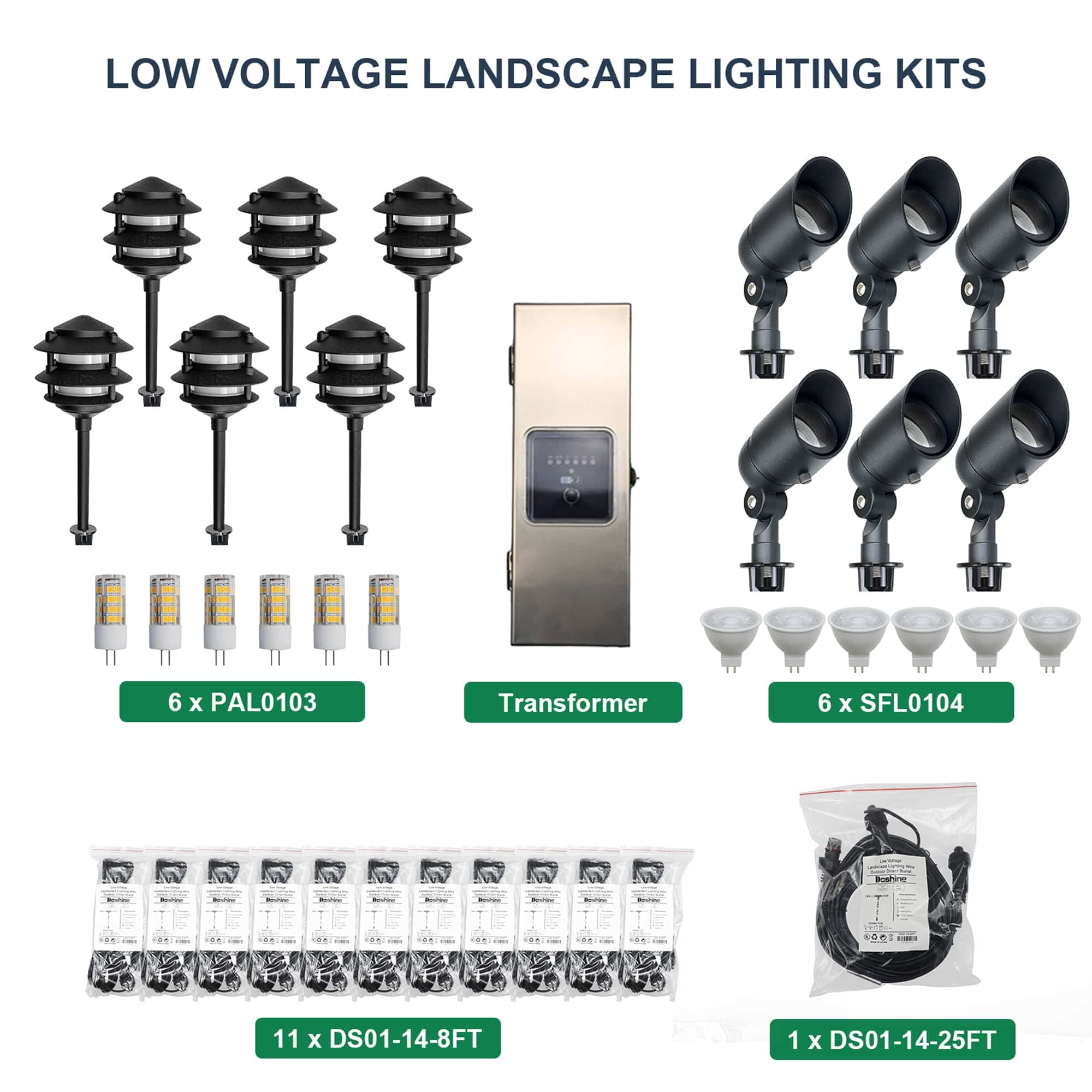 6 Spotlights, 6  Pagoda Lights, 1 Transformer Kit