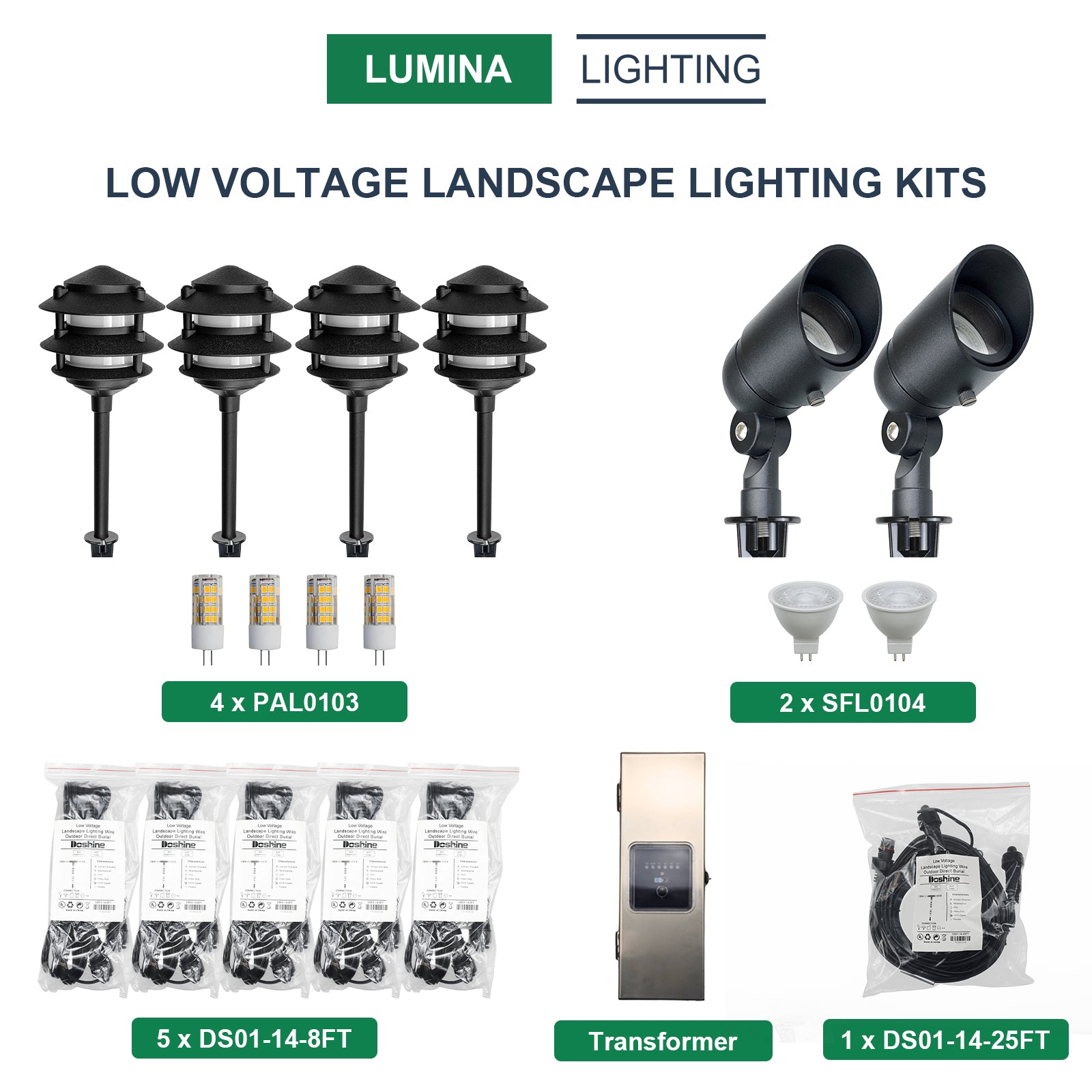 2 Spotlights SFL0104-BKLED, 4 Pagoda Path Lights, 1 Transformer