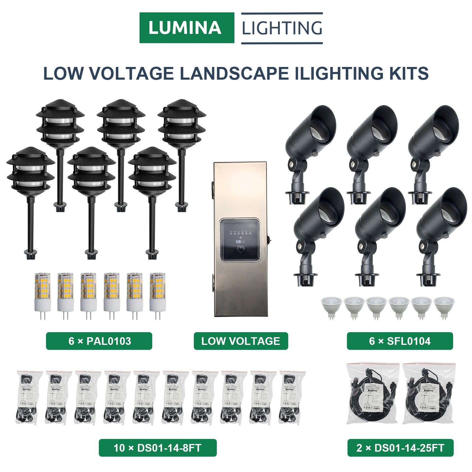 6 Spotlights SFL0104-BKLED, 6  Pagoda Path Lights PAL0103-BKLED