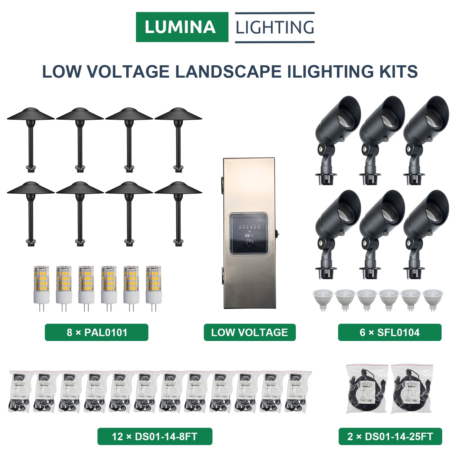 6 Spotlights SFL0104-BKLED, 8 Path Lights PAL0101-BKLED