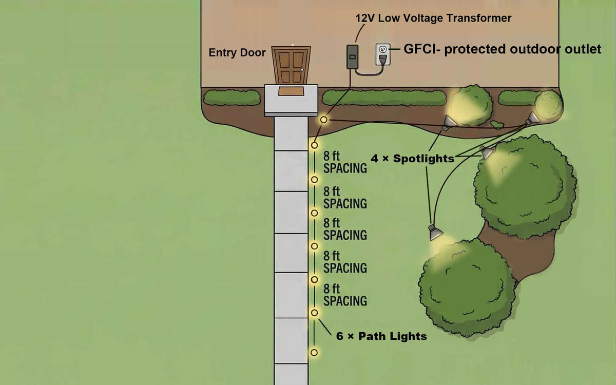 Landscape lighting kit layout with path lights and spotlights