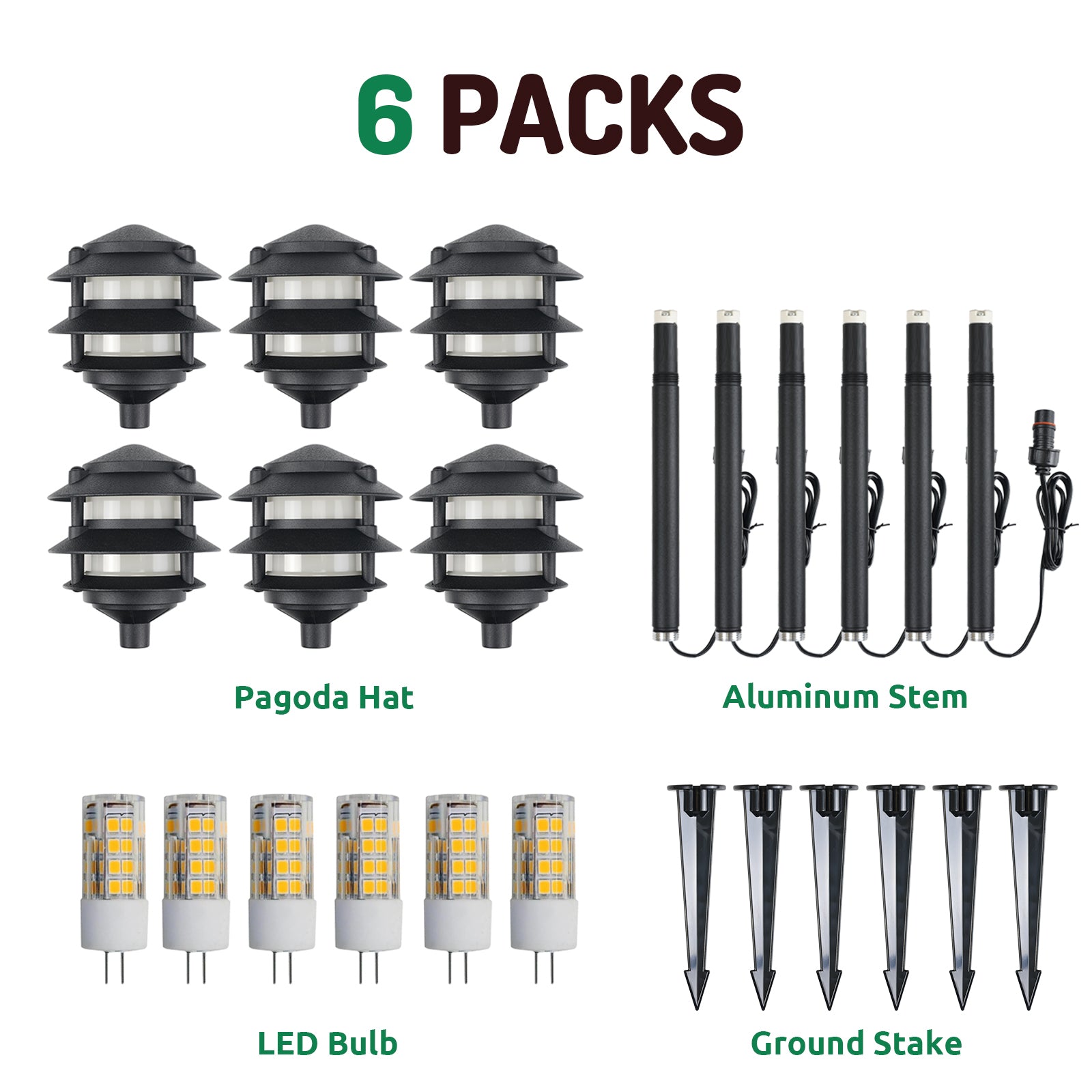 6 Spotlights SFL0104-BKLED, 6  Pagoda Path Lights PAL0103-BKLED